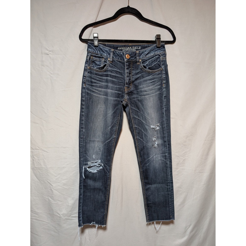 American Eagle Dark Wash Tomgirl Distressed Grunge Jeans Raw Hem Cotton Size 0
